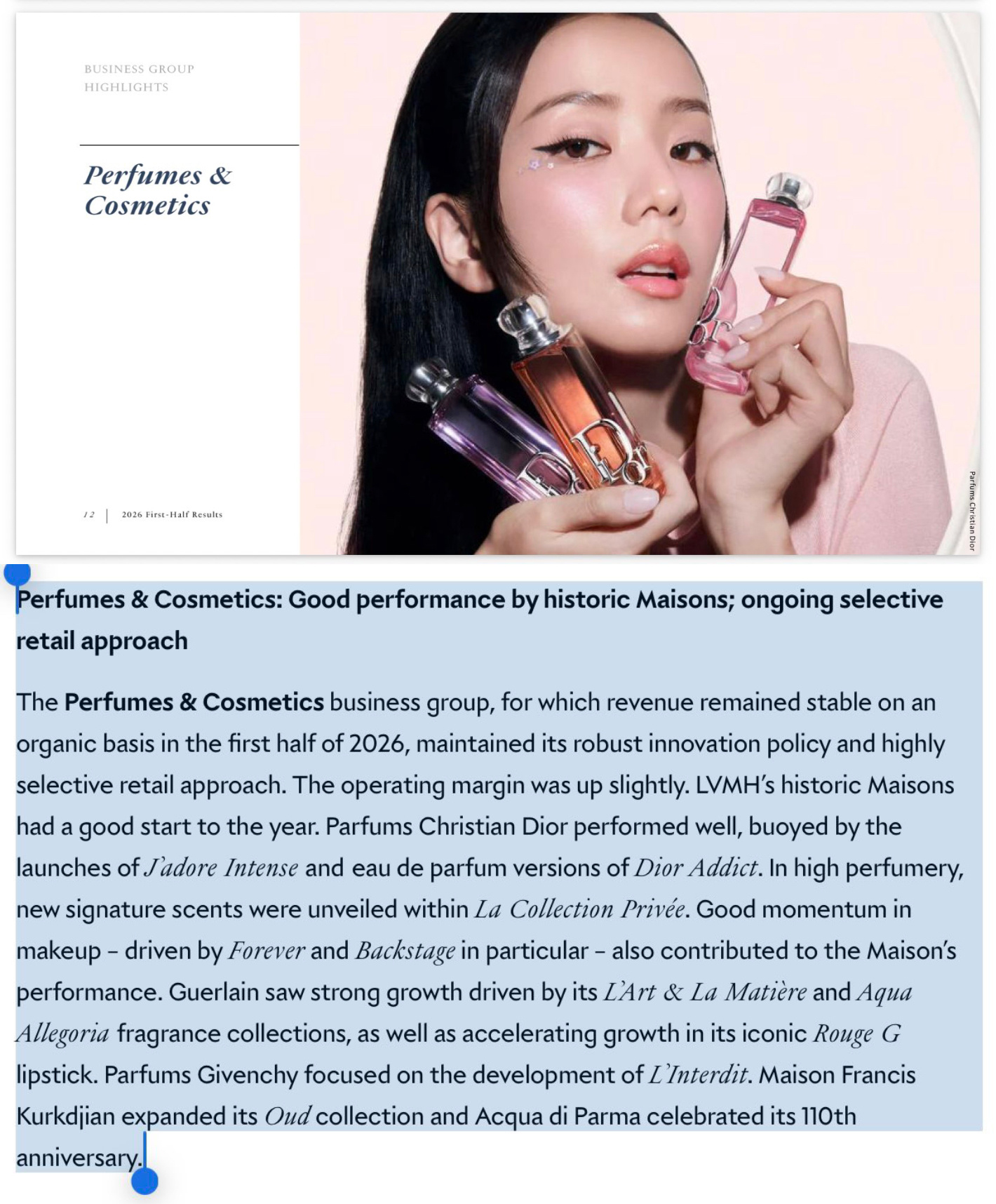 LVMH把JISOO选为Perfumes & Cosmetics busines