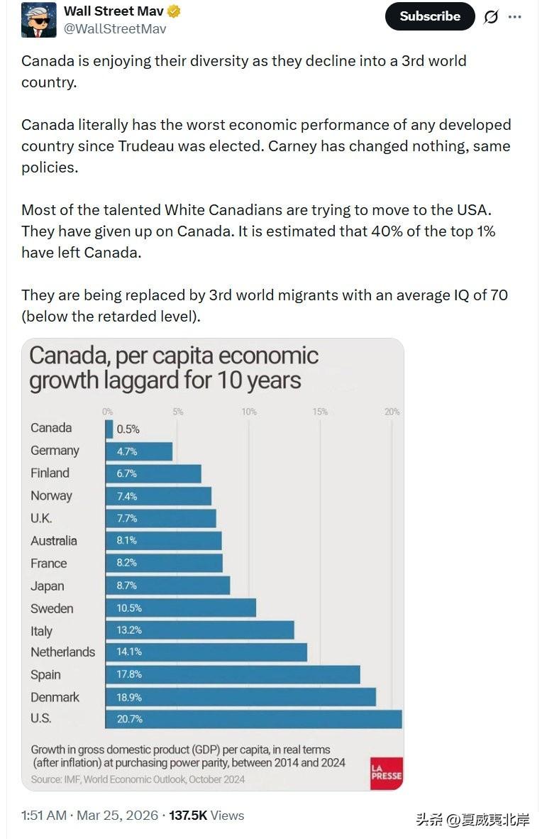 加拿大人正“享受”着他们的多样性，同时国家却在滑向第三世界。
 
自Trudea