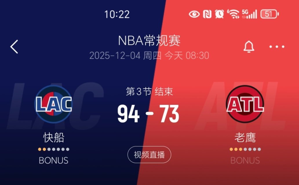 第三节结束，快船领先21分！快船vs老鹰