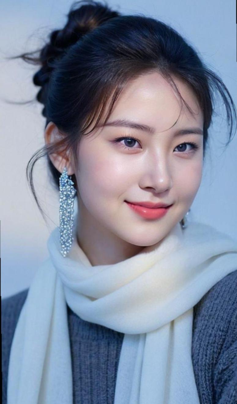 冬日暖阳下的甜美笑容，搭配闪亮耳环和柔软围巾，尽显温柔与优雅。