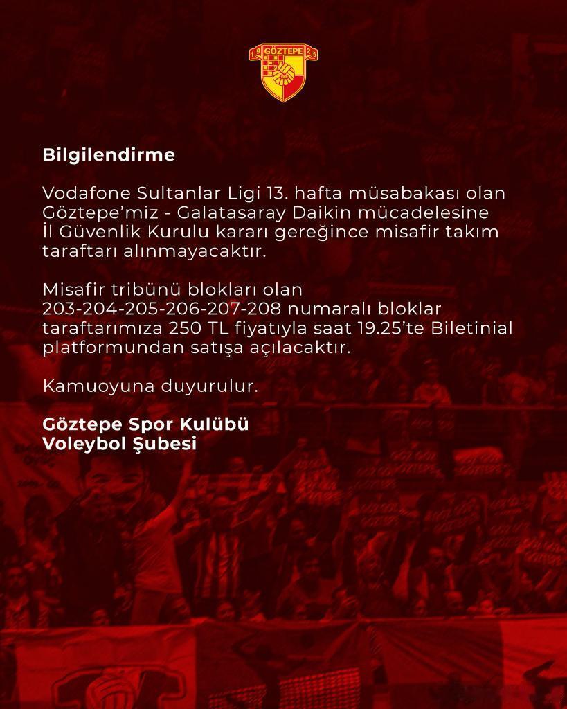 🔴 格兹泰佩俱乐部宣布，根据省安全委员会的决定，加拉塔萨雷队的球迷将不得入场观