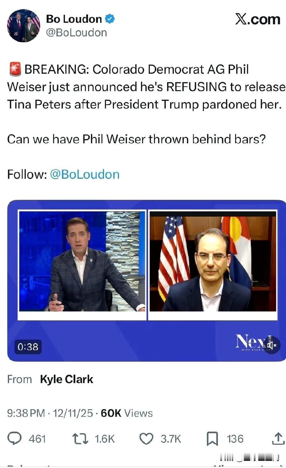 突发新闻：科罗拉多州民主党AG Phil Weiser刚刚宣布，在Trump总统