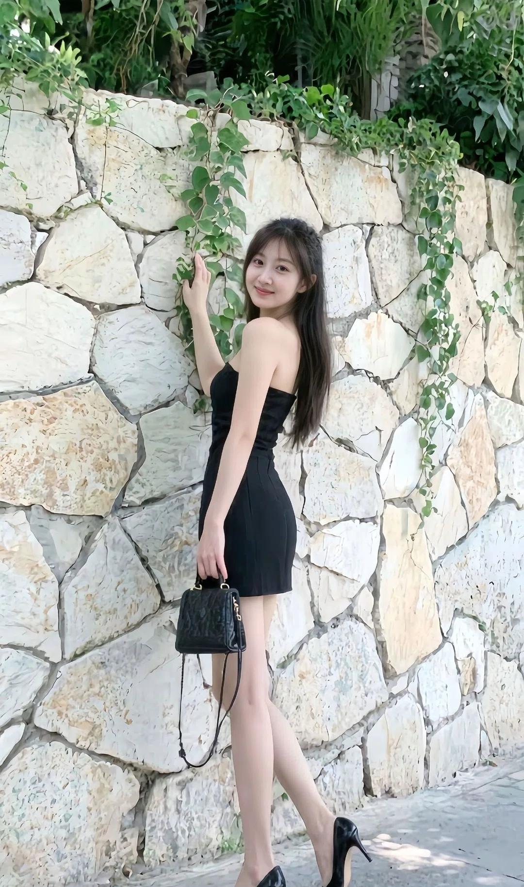 这姑娘穿着黑色连衣裙，靠在石墙上，好有气质！