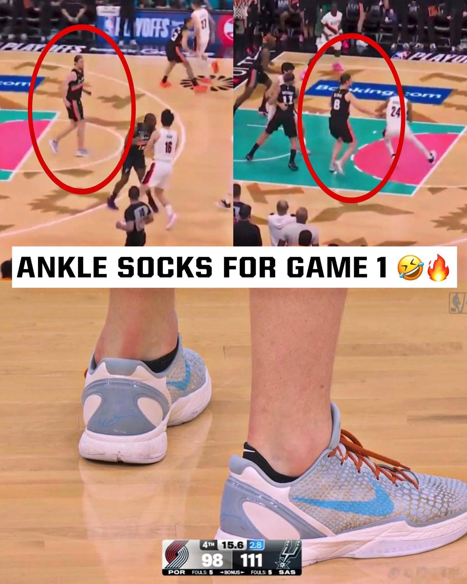 奥利尼克的魔鬼行为，穿着船袜就来打比赛了，脚后跟已经明显的被磨红了，估计他也没想