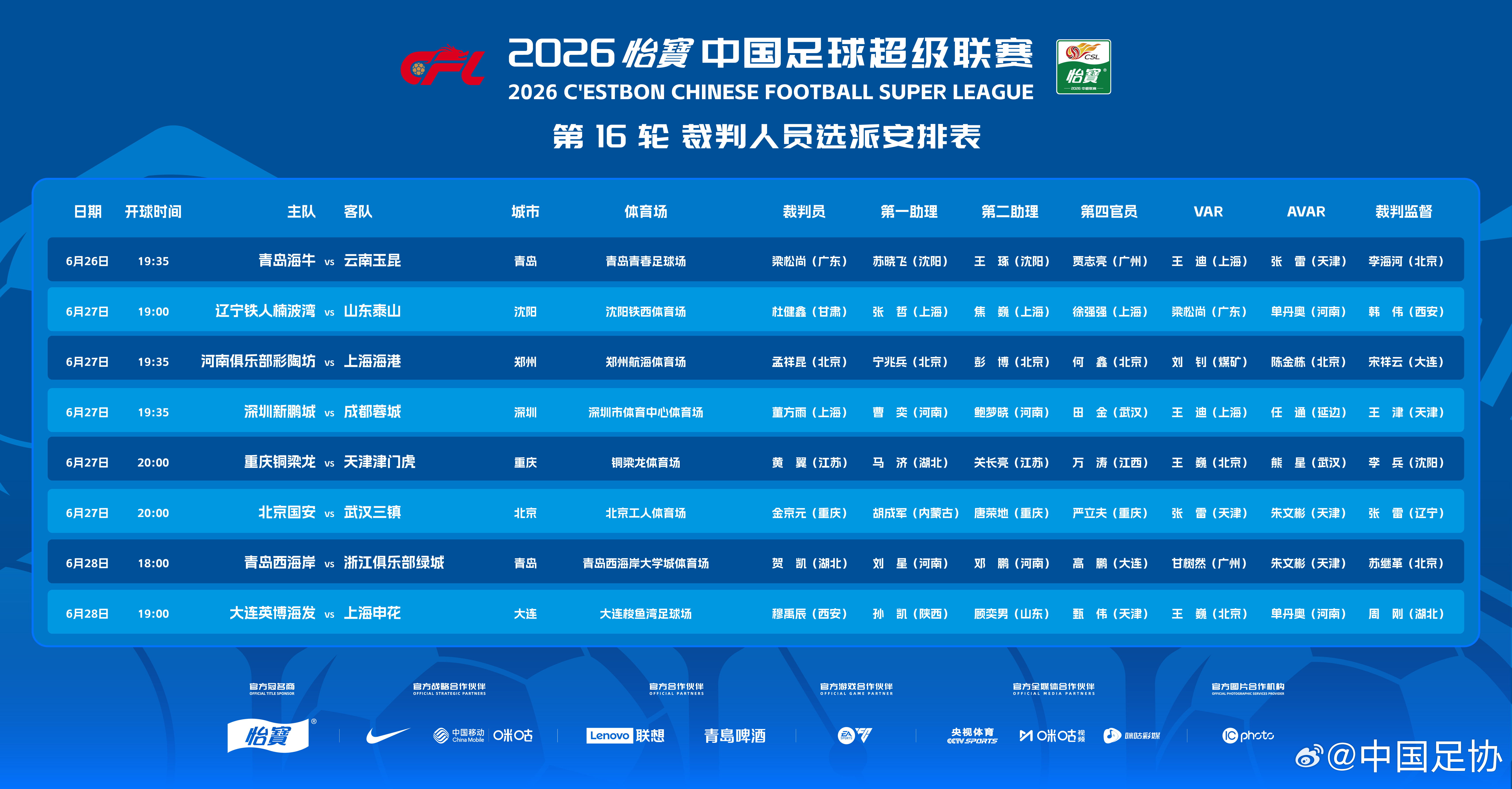 2026 怡宝中国足球超级联赛第16轮裁判人员选派安排如下↓