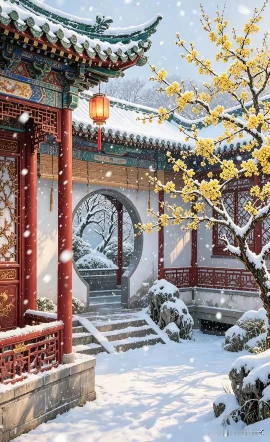 上联：古院飞雪梅凝艳
下联：疏影横斜花犹俏
