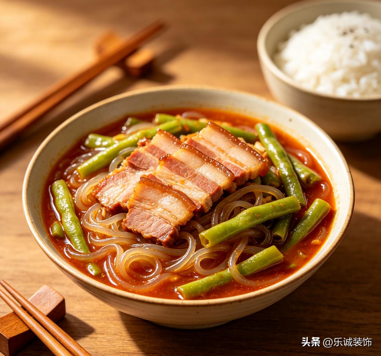 家常下饭神器！五花肉煸炒出油，放入豆角焖至软烂入味，加入泡软的粉条慢炖吸满肉香汤