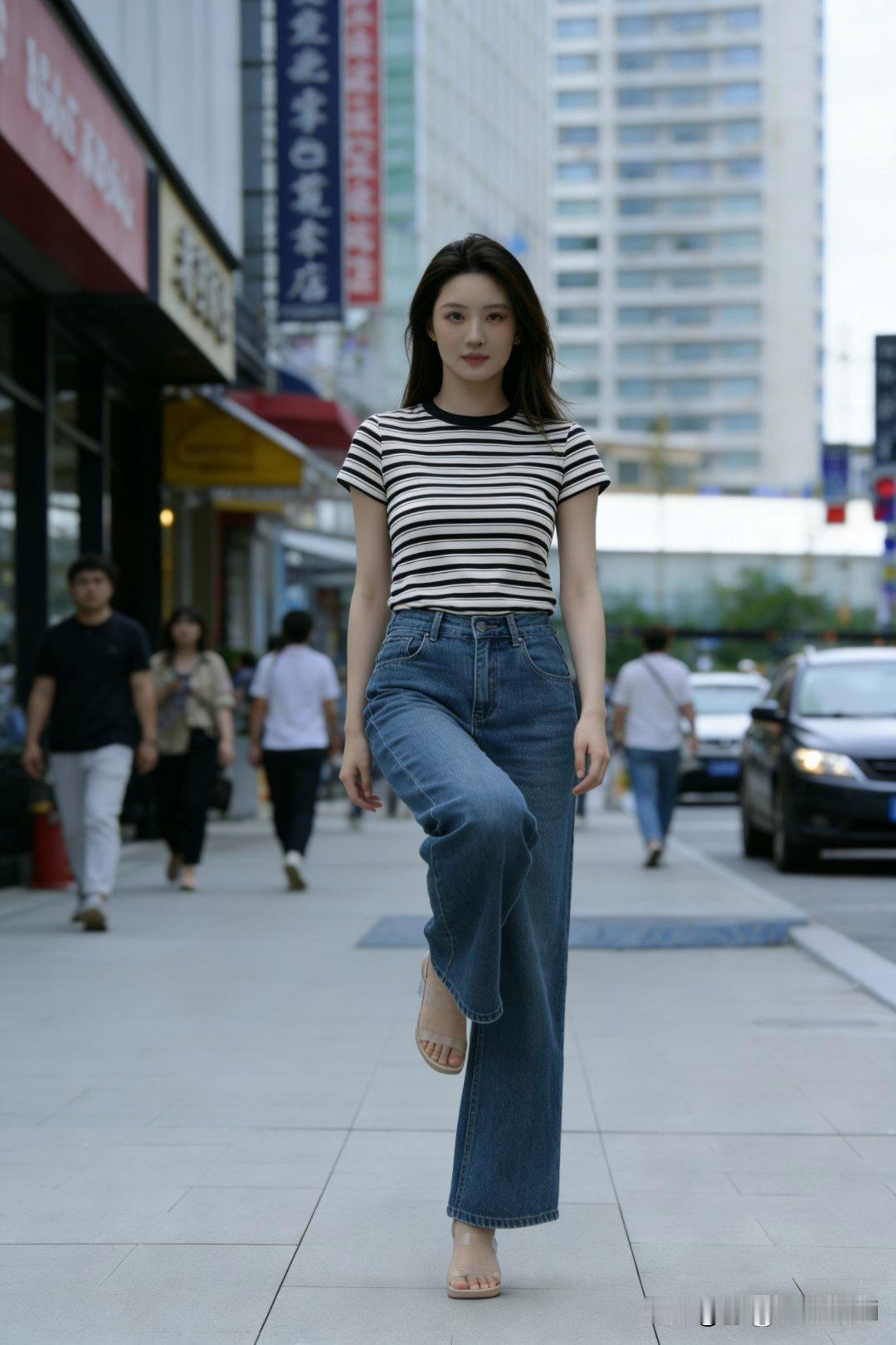 条纹T恤加牛仔裤，简直是都市街头的自在标配！今年条纹衫超火，搭配牛仔裤时髦又洋气