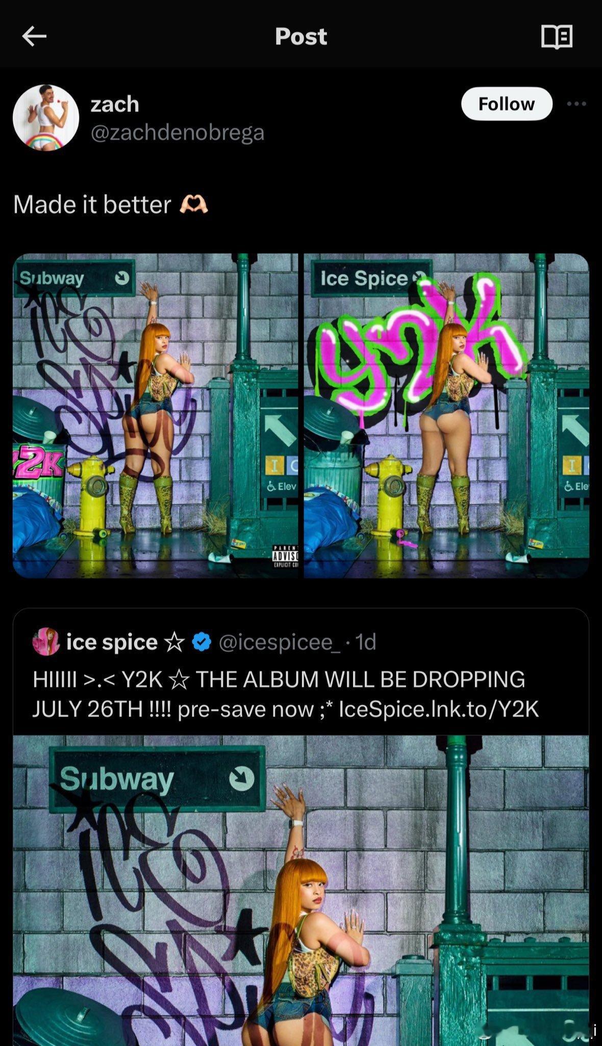 经典回顾一位网友把冰冰姐Ice Spice即将发行的专辑涂鸦改掉后遭到冰冰姐的反