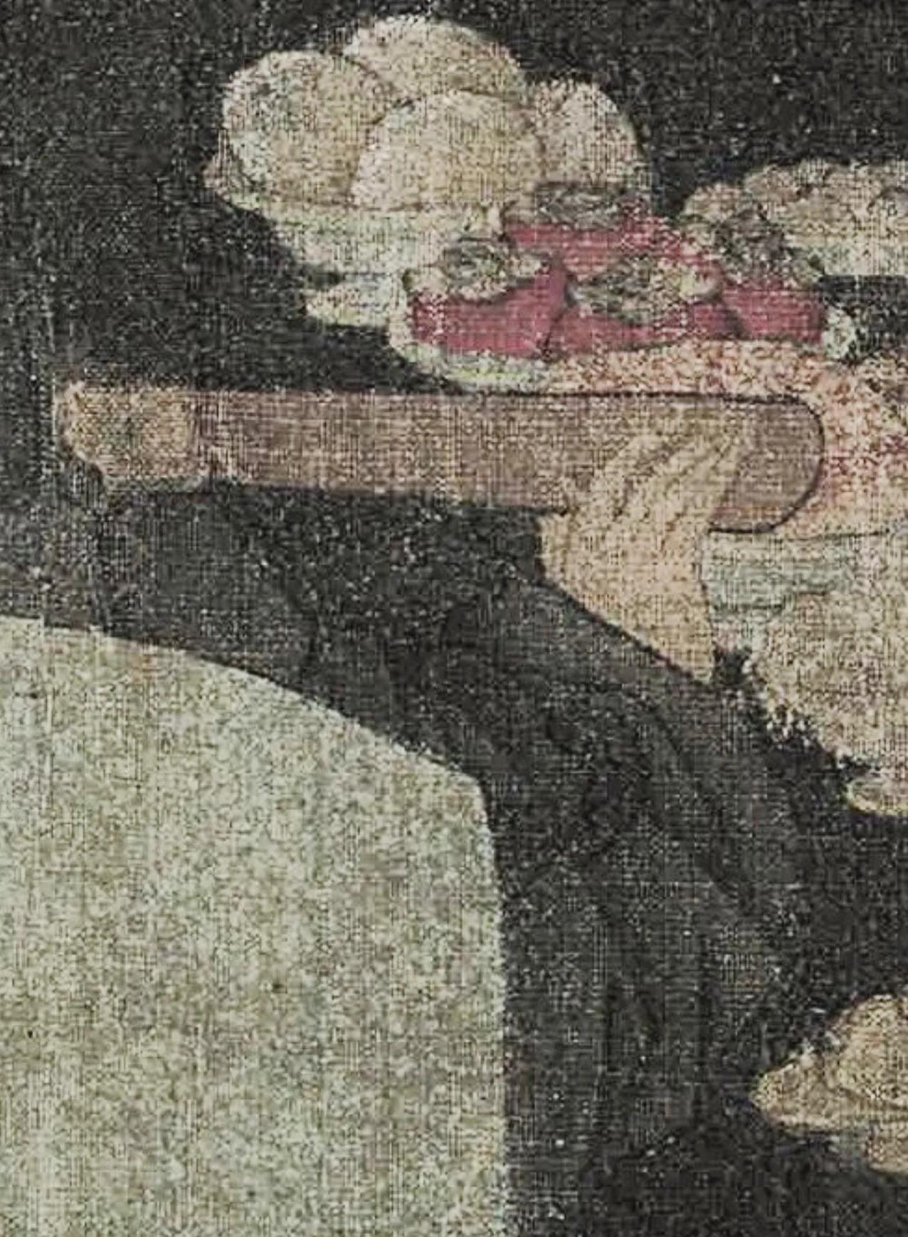 《韩熙载夜宴图》听乐一段，背对观画者的教坊副使李家明身后横置的长条木板不是笏板，