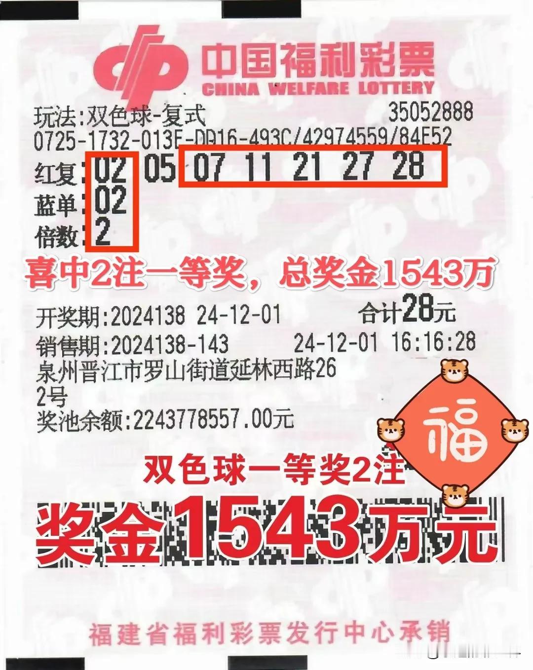 实名羡慕！福建泉州彩民28元喜中双色球2注一等奖，总奖金高达1543万元。
在昨