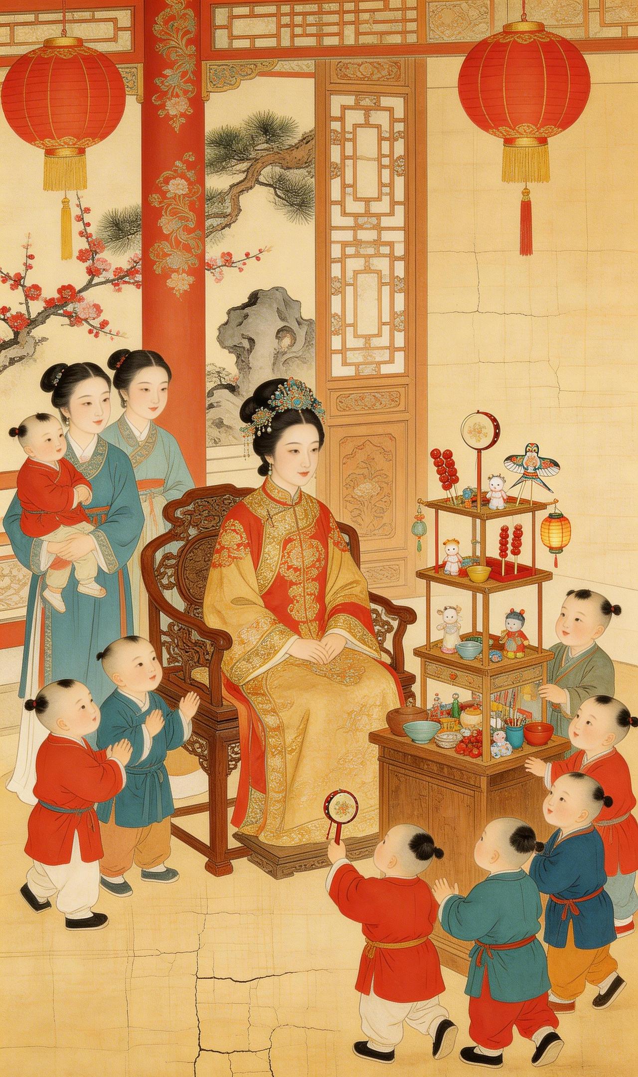 绮筵婴戏图——宋代宫廷里的货郎春趣
这幅画卷，将我们引入了千年前一座雕梁画栋的宋