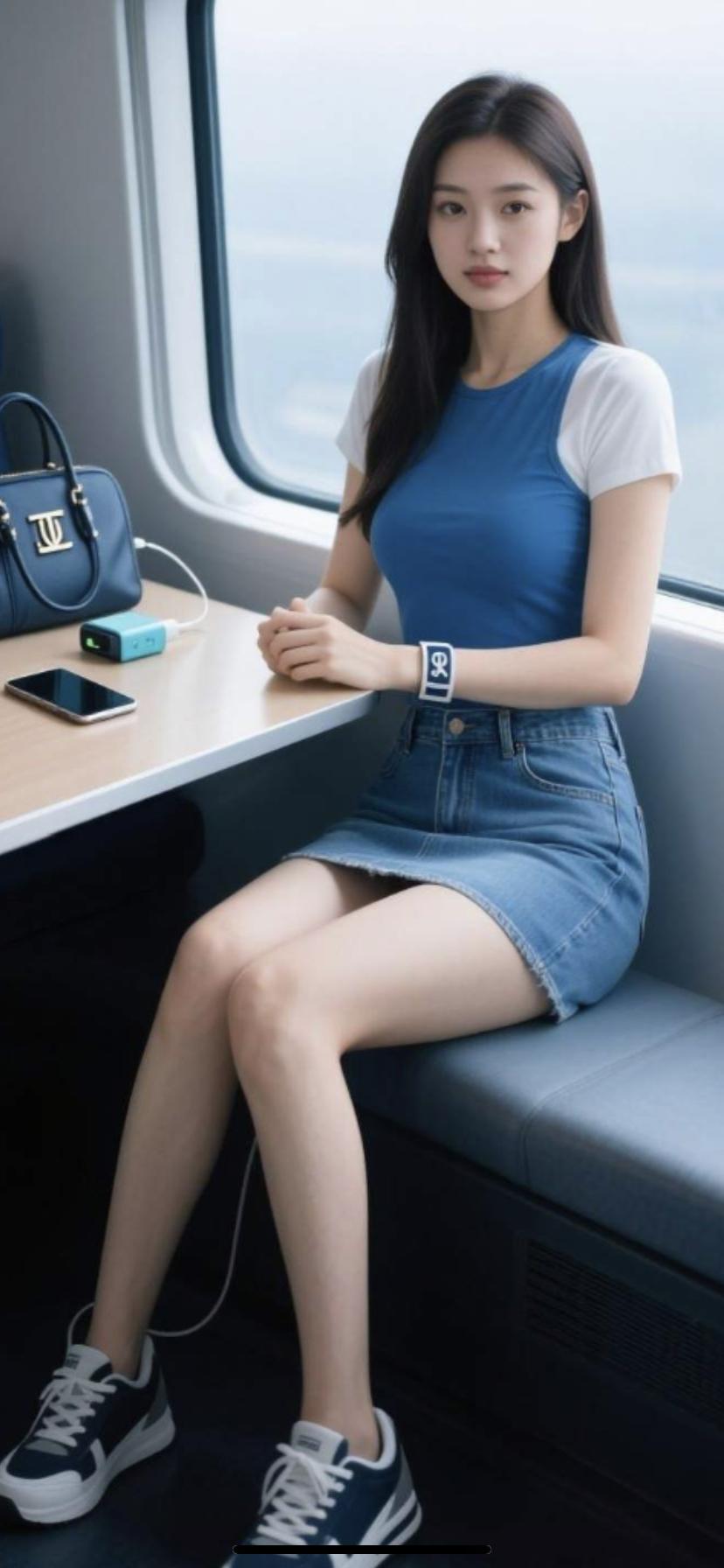 蓝白拼接短袖搭配牛仔短裙，清新又时髦，完美演绎都市女孩的时尚感！