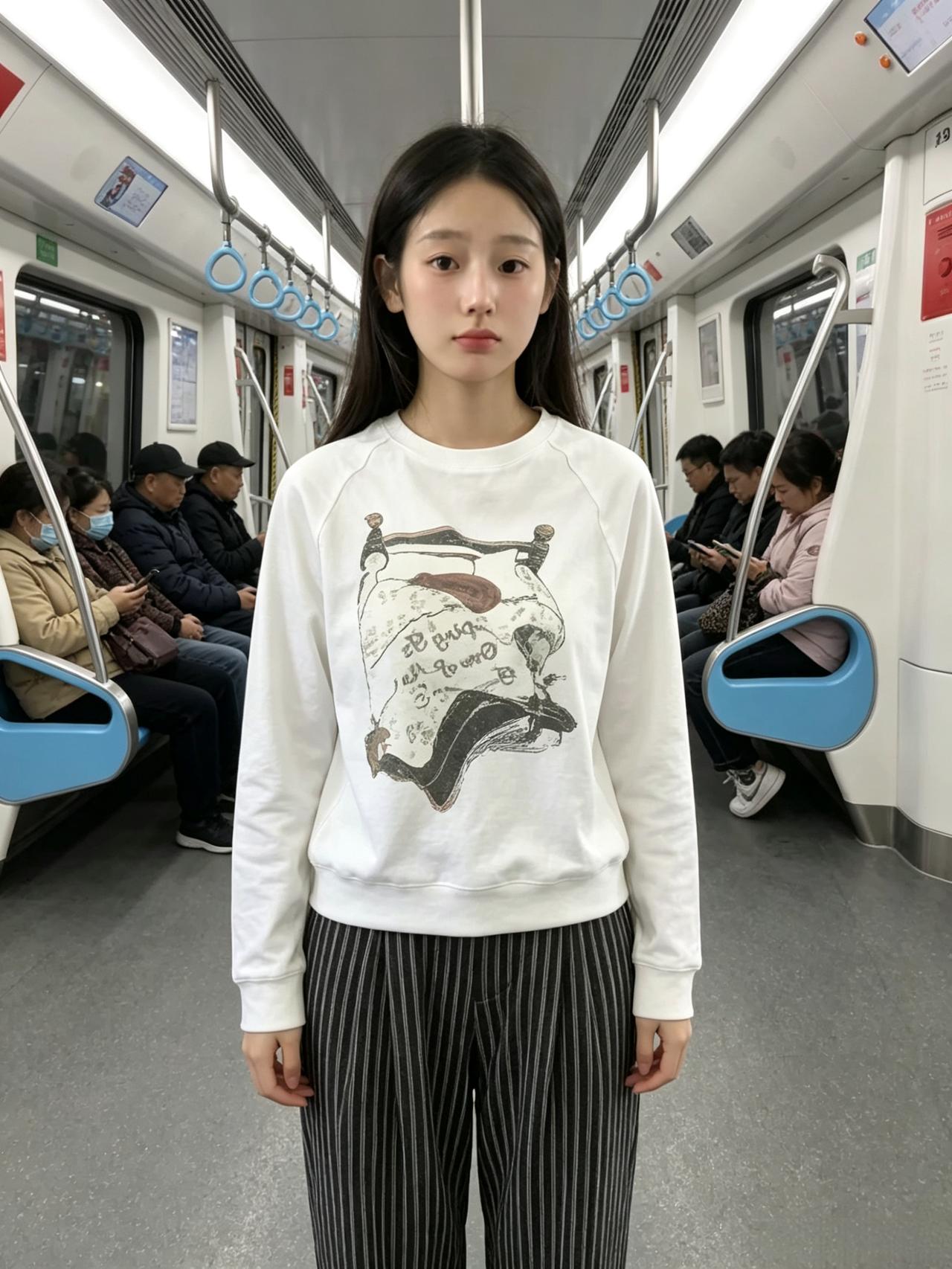 车厢摇晃，时光缓慢，
你站在那里，像一幅安静的画。
白色卫衣裹着温柔，
条纹裤延