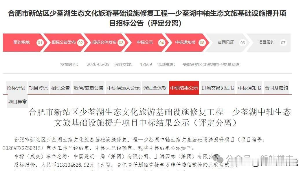 中标落地，新站区少荃湖再添重要工程！
6月5日，合肥公共资源交易中心最新公示，少