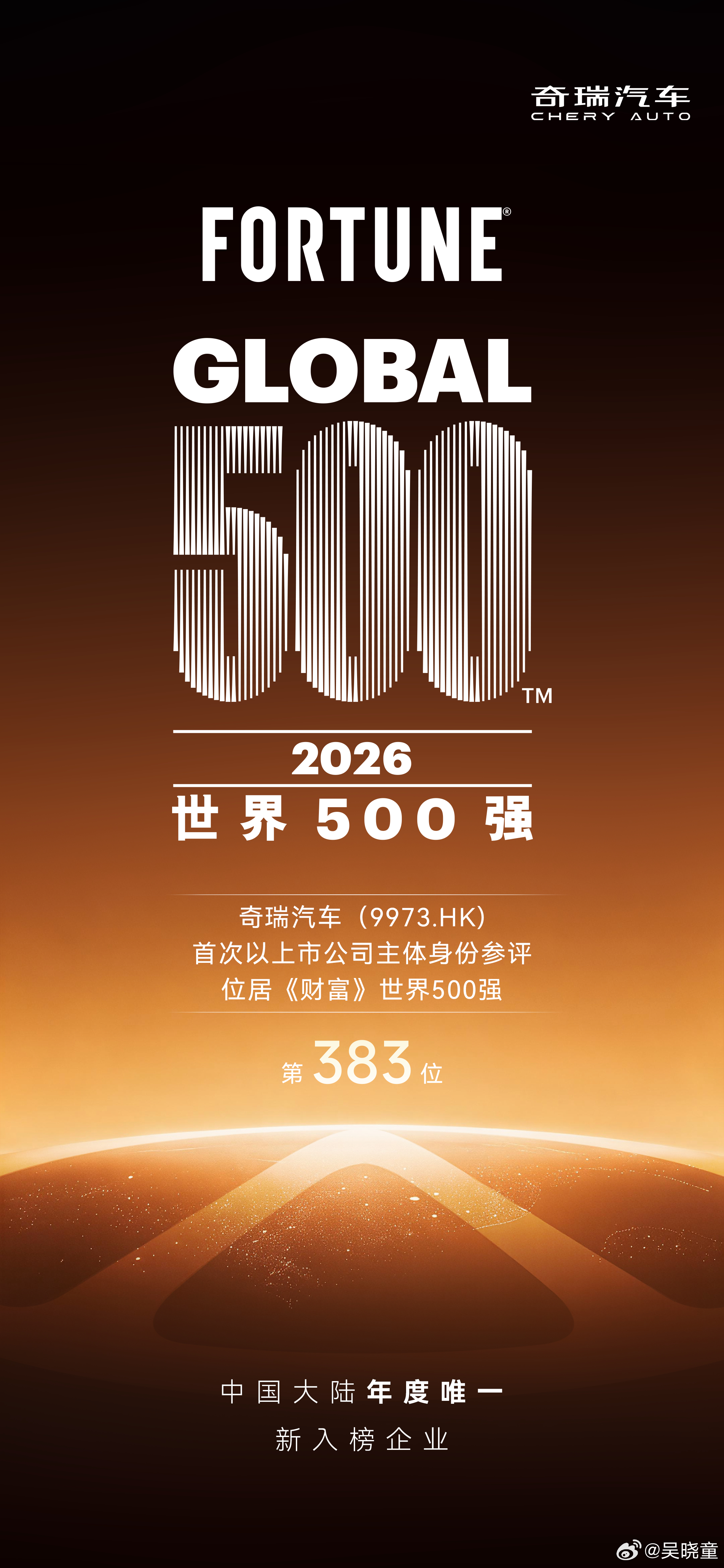 奇瑞新上榜2026世界500强榜单，排名第383位2026财富世界500强