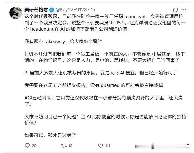一个在硅谷手握生杀大权的团队负责人写的帖子！

这个时代很残忍，目前我在硅谷一家