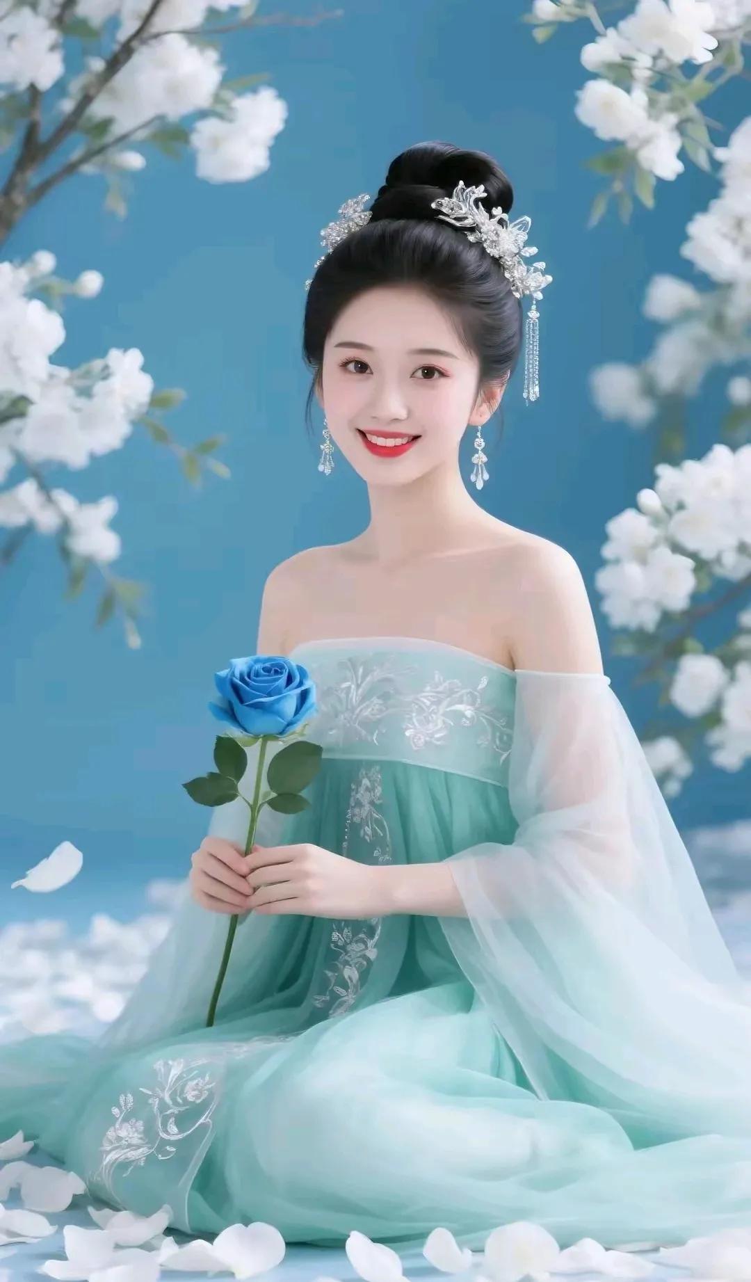“古风美人与蓝玫瑰的浪漫邂逅”🌸💙🌹