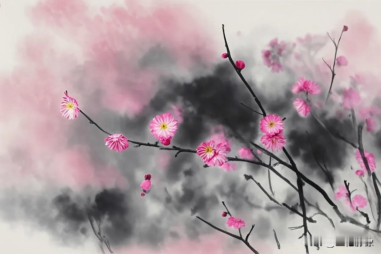 图二是实拍的，图一是用AI帮忙生成的水墨画风格，感觉梅花还得是画出来的好看。