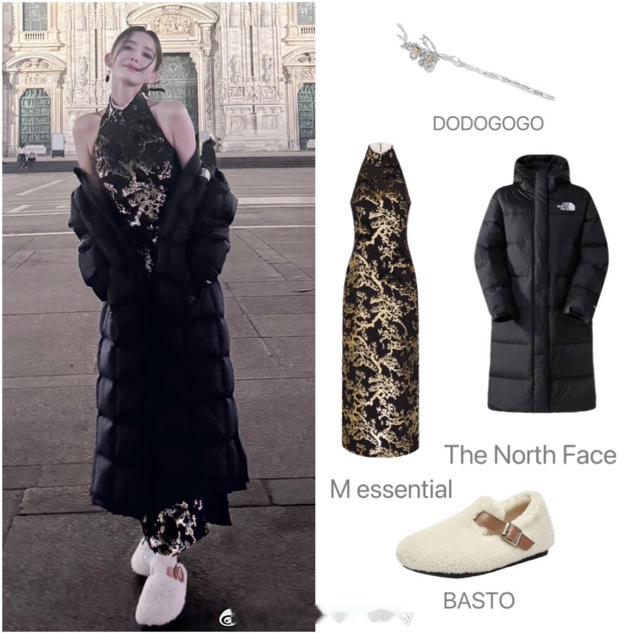 娜扎今日的美照释出，黑色古韵旗袍搭配侧马尾发簪盘发，外搭长款羽绒服，下搭平底白色