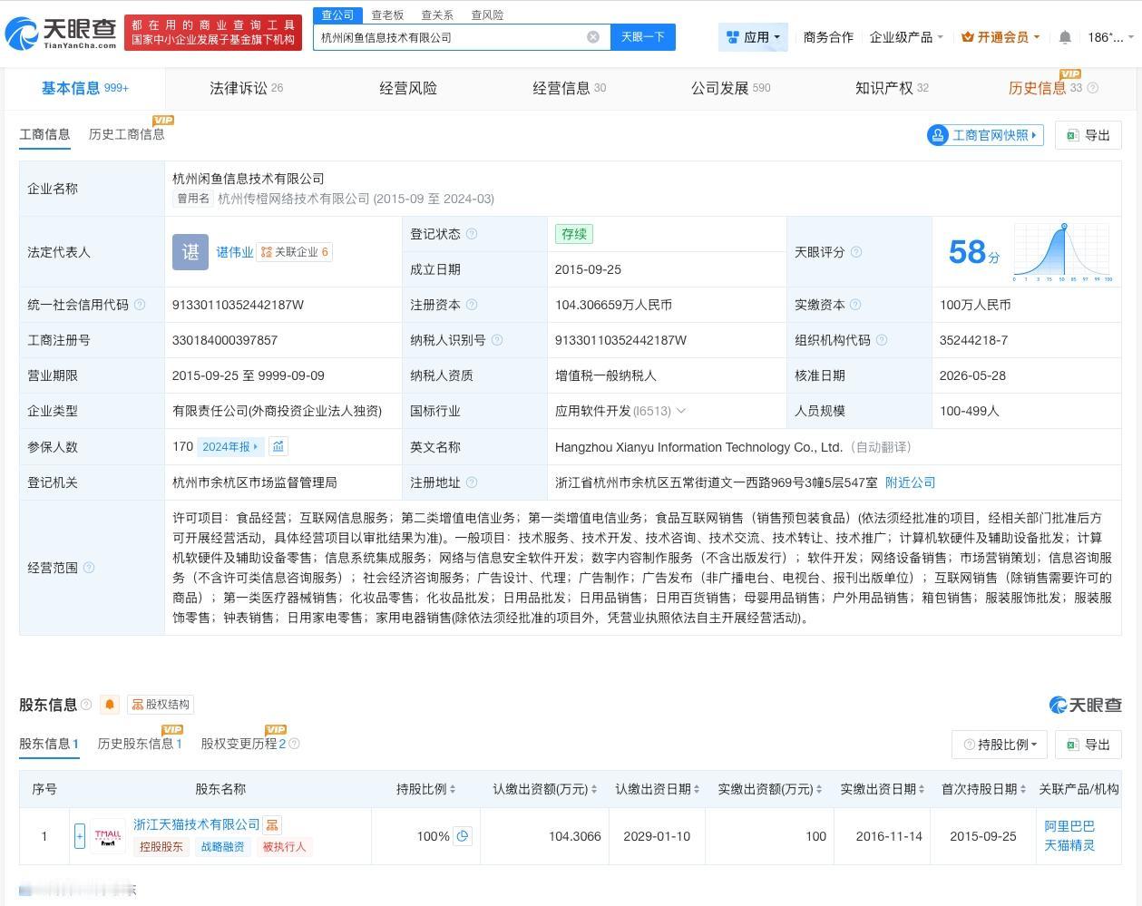 杭州闲鱼信息技术公司变更负责人

天眼查App显示，近日，杭州闲鱼信息技术有限公