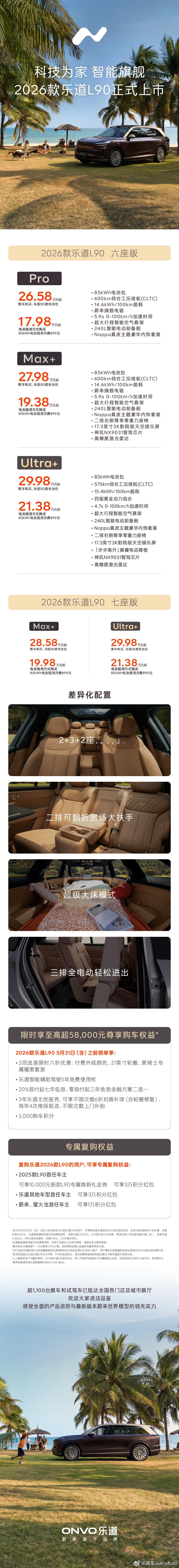 2026款乐道L90上市六座售价26.58W-29.98W租电17.98W-21