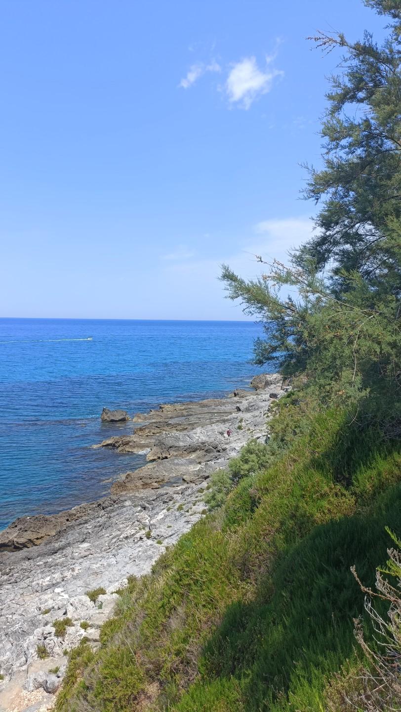 海天一色，漫步海边，感受大自然的宁静与美好。🌊🌿🏖️
上联:轻舟逐浪行，