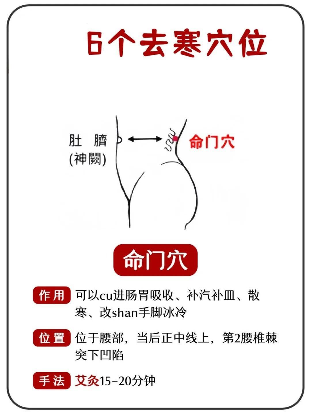 中医知识：必收藏的6个去寒穴位！1. 足三里穴（长寿大穴，健脾祛湿）定位：在小腿