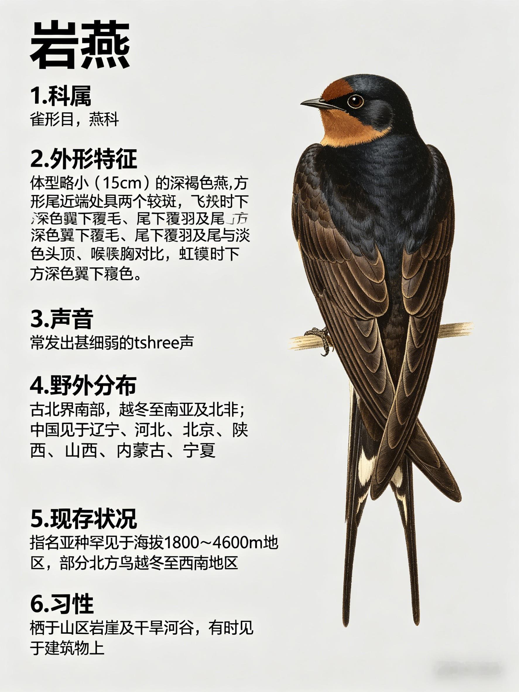 鸟类朋友图鉴 岩燕·科属：雀形目，燕科。·外形特征：体型略小（15cm）的深褐色