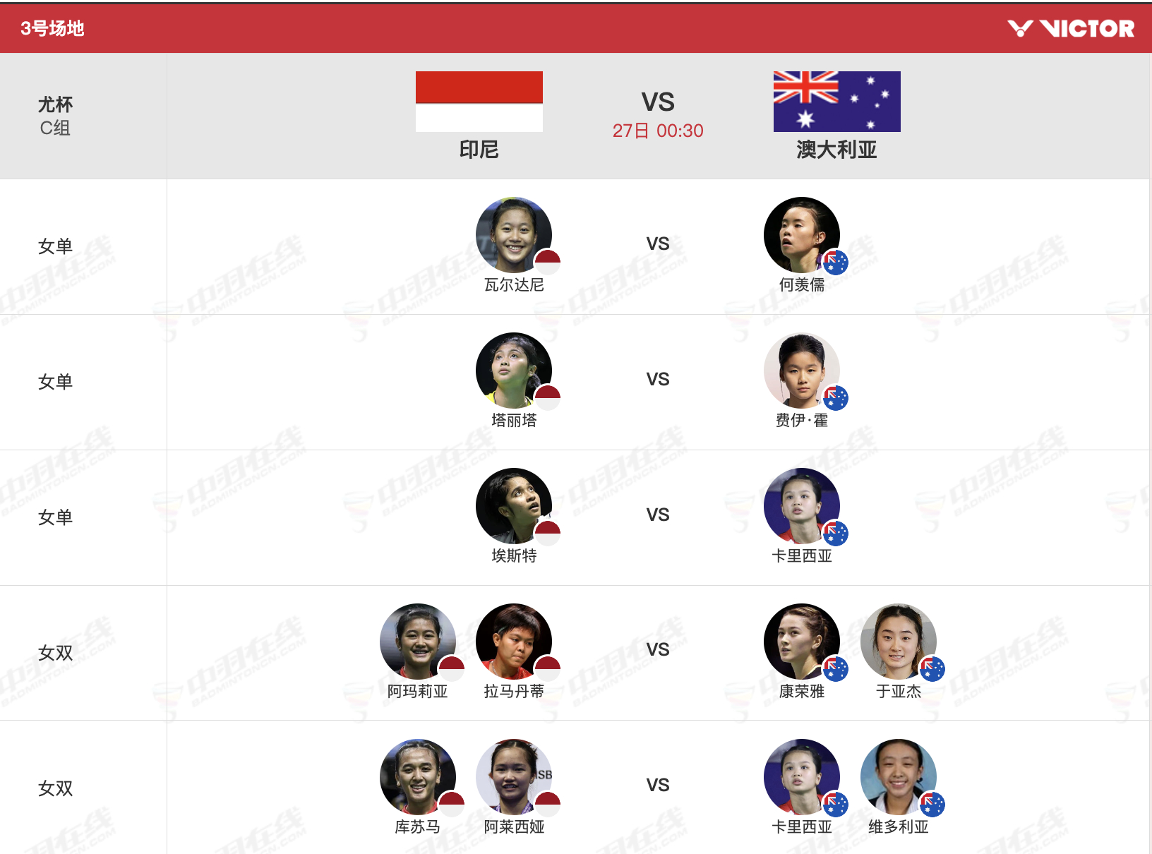 2026年汤尤杯 4月27日0点30分小组赛对阵：巅峰对决胜利在握羽毛球