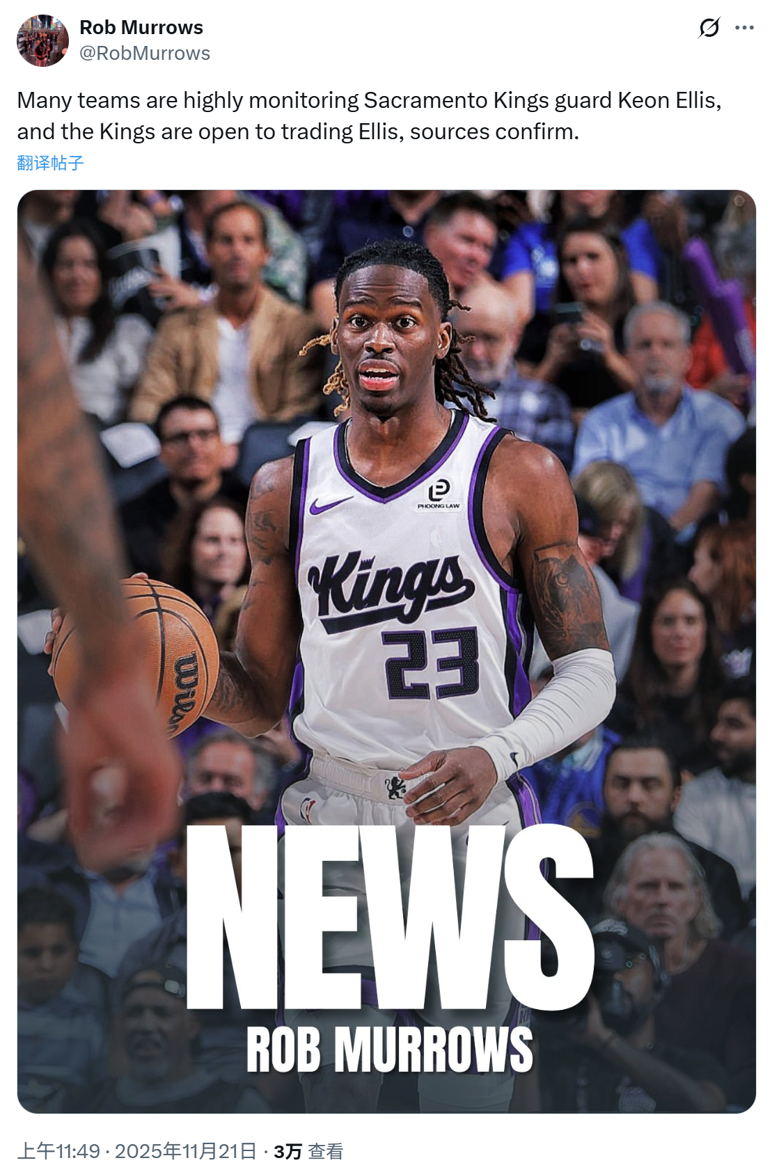 记者Rob Murrows：消息人士证实，许多球队都在密切关注基昂·埃利斯，而国