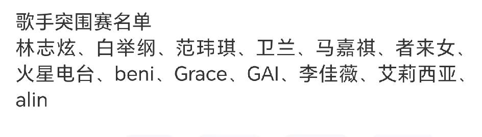来看看歌手下一期突围赛的名单，这么多歌手，竞争4个总决赛名额！
13位歌手具备突
