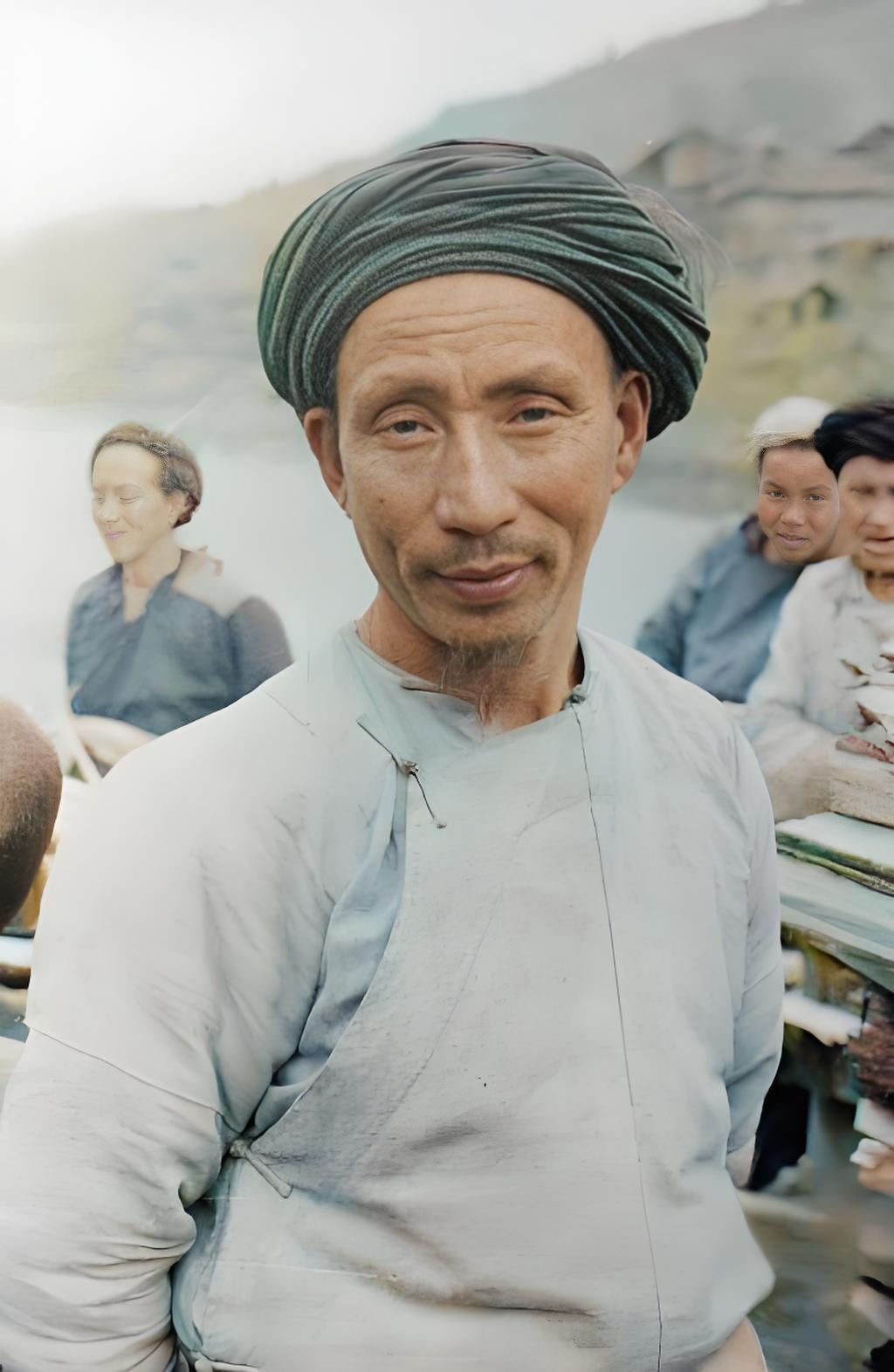 这张拍摄于1944年山西省的男子肖像黑白照片，画面中的男子头戴颇具地方特色的头巾