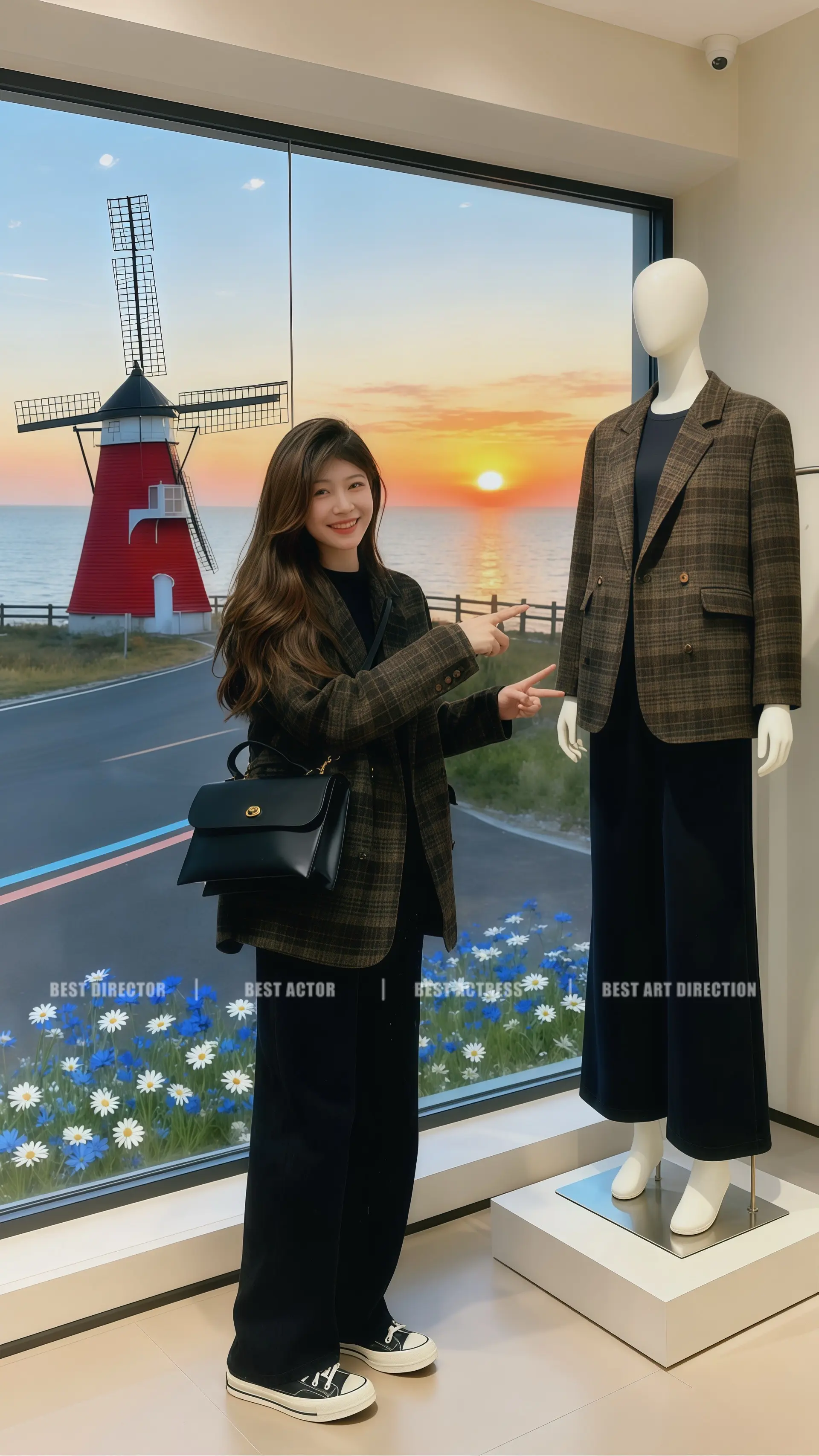 她穿着复古小香风格子西装外套，棕咖格纹交织出浓郁的复古韵味，金色纽扣在...