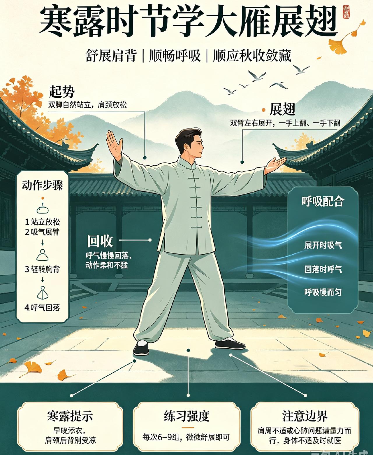 寒露时节学“大雁展翅”通肺气
 
寒露一到，秋燥加重，昼夜温差拉大，呼吸道很容易