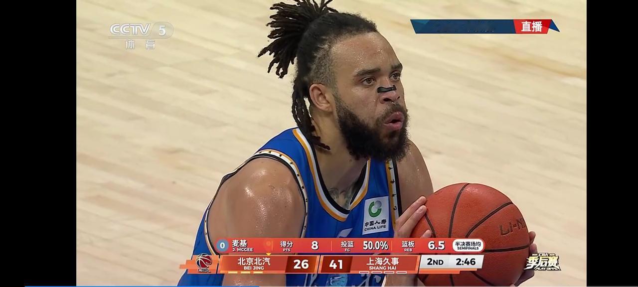 CBA半决赛G3，北京北汽半场落后上海久事20分，命悬一线，，买个业余球员麦基何