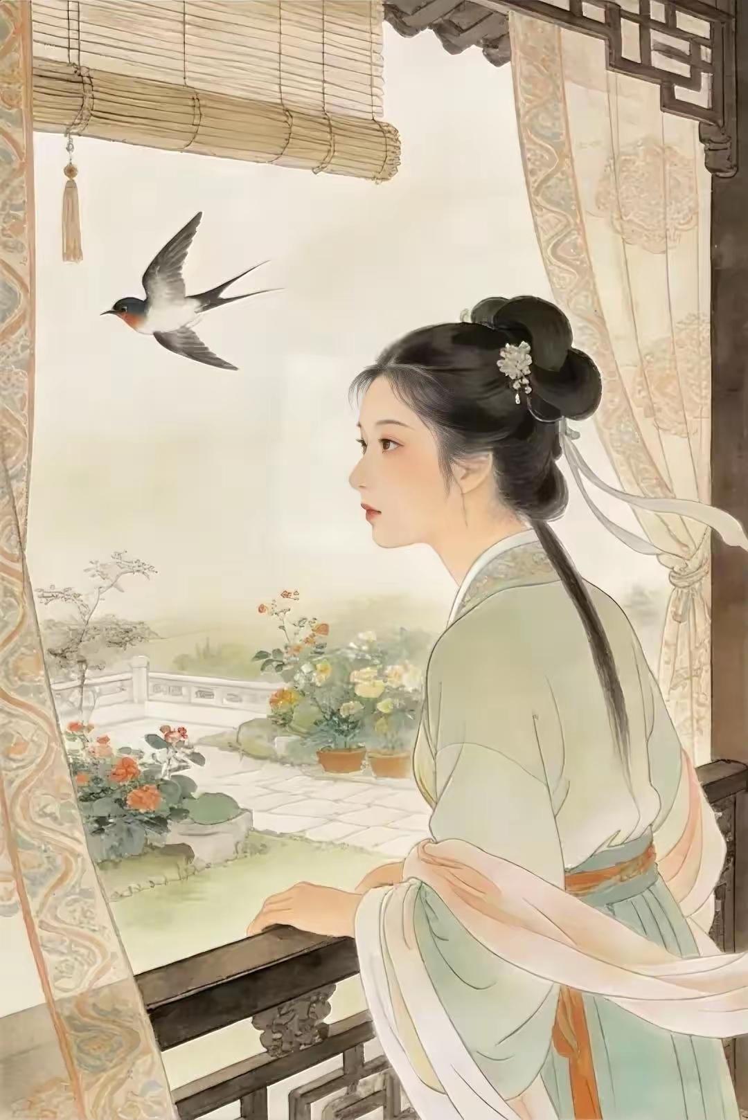 捣练子·燕语春阁
帘半卷，燕斜飞，
轻衫映日暖香微。
庭前柳色笼烟翠，
栏外繁花