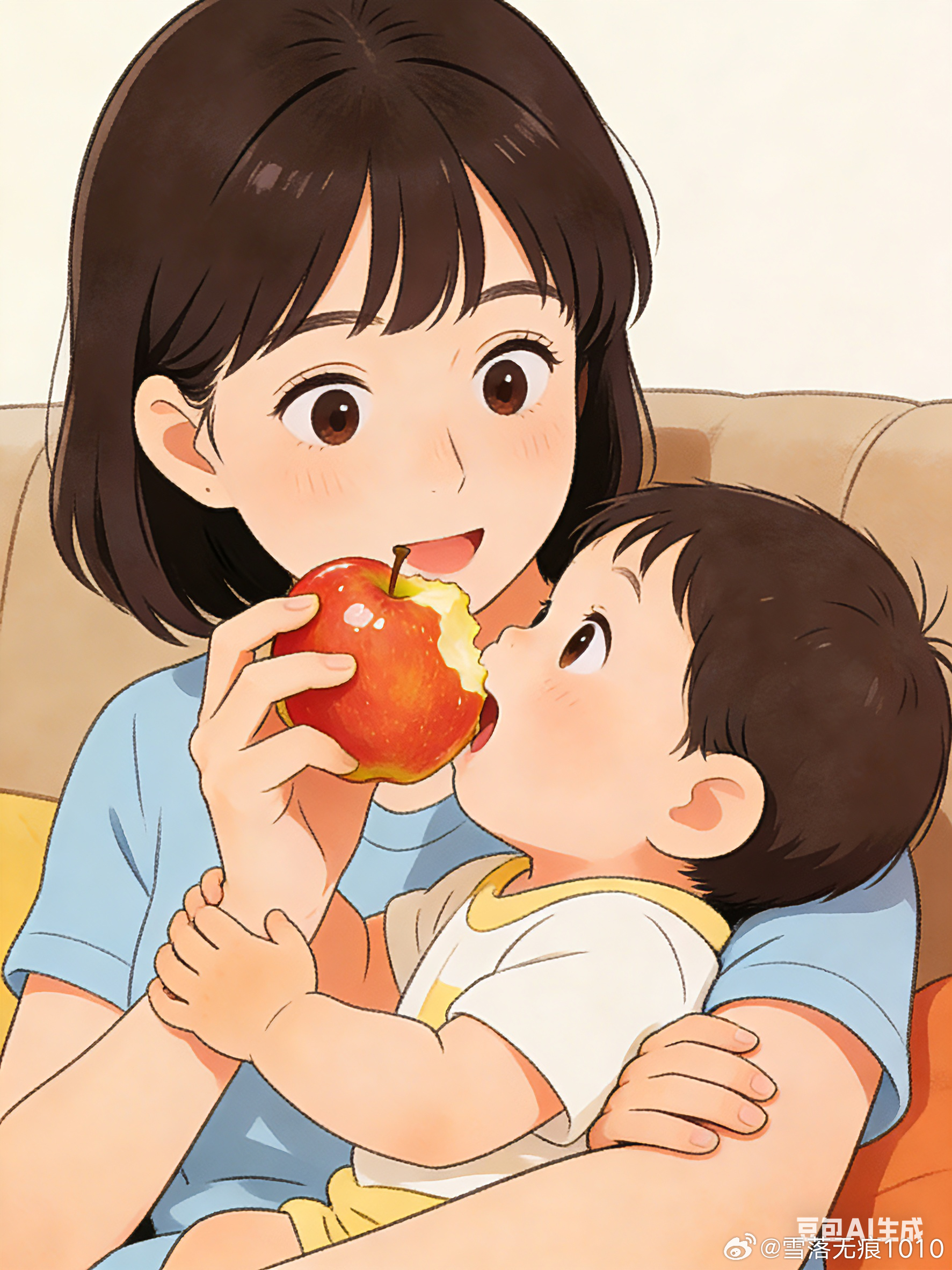 现在不敢在婴年前吃东西了刚才抱着他吃苹果看见之后双手抱着我胳膊，用力往他嘴边拽，