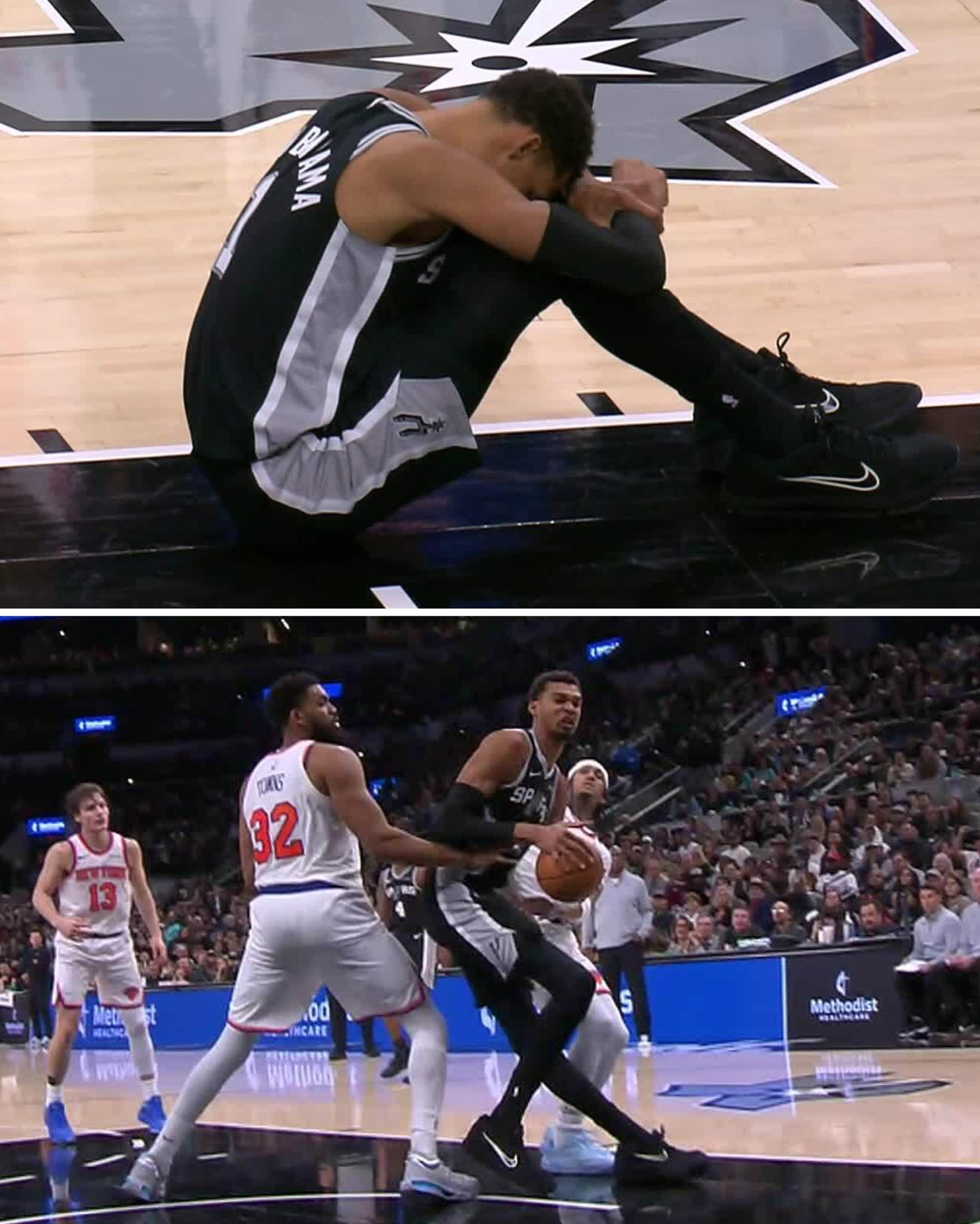 文班回到场边，应该没事。尼克斯vs马刺文班亚马又伤了