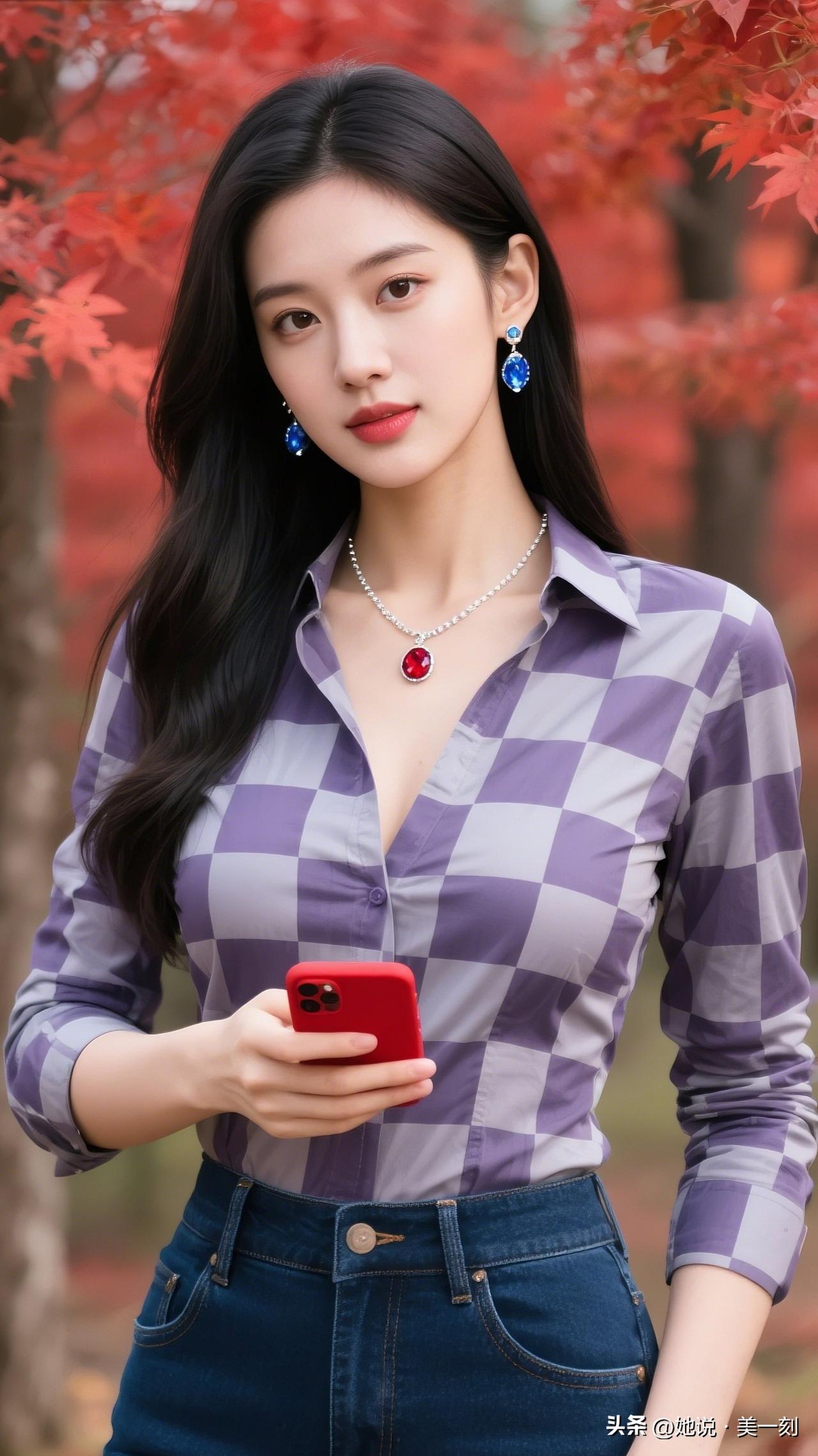 秋日穿搭指南：格子衬衫+牛仔裤，搭配红蓝耳环，美一刻。什么样的穿搭可以成为气质女