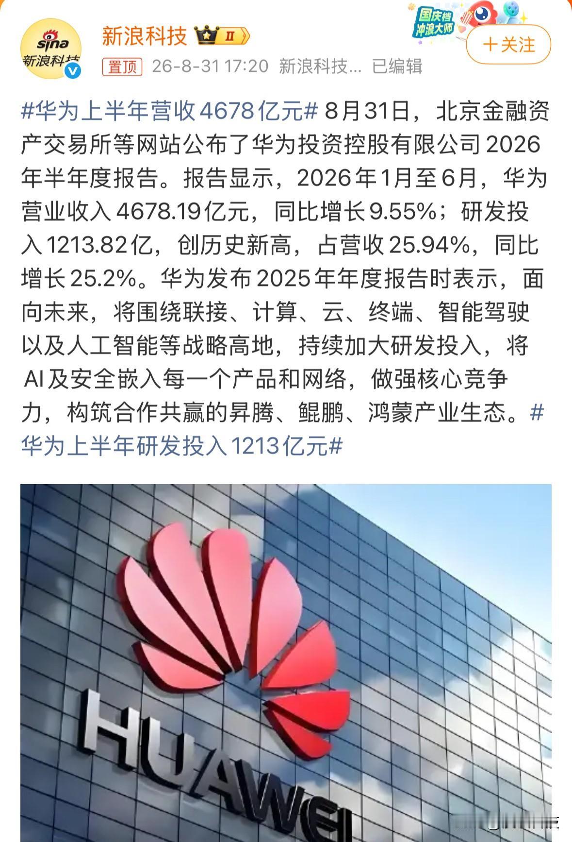 华为上半年营收4678亿元，研发投入1213.82亿，创历史新高。为什么都说华为