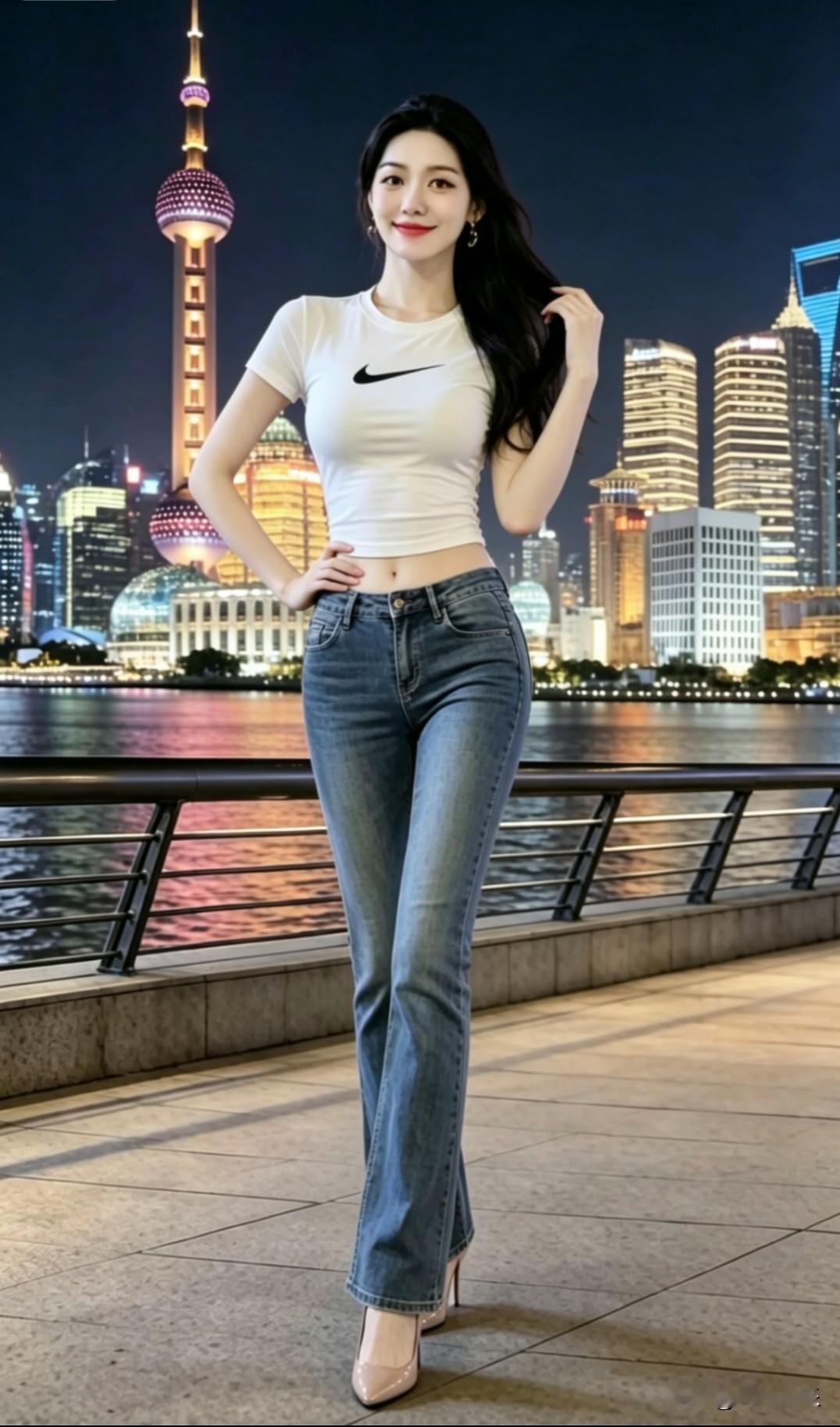 牛仔裤搭配高跟鞋为什么特别好看? 上海夜景下的时尚少女，自信微笑，尽显都市魅力！