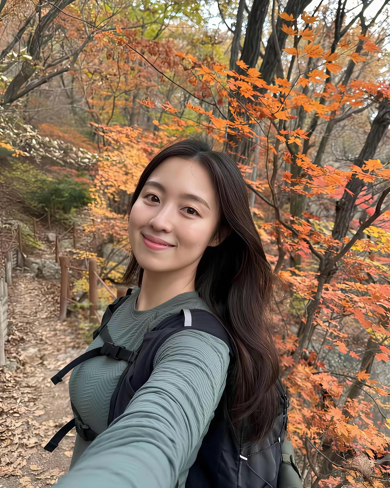 秋日漫步，枫叶红遍山林间，背着小背包，享受大自然的美好。