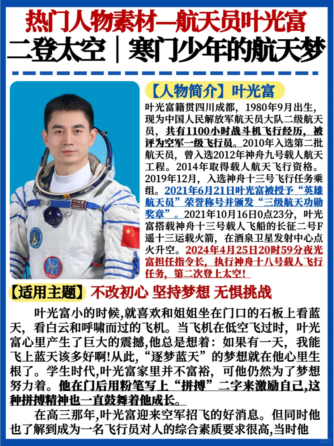 神舟十八人物素材✅叶光富｜寒门少年航天梦