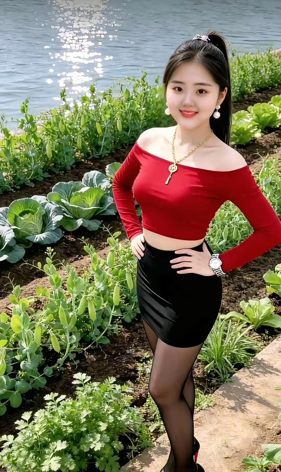 夏日花园里的红衣少女，甜美笑容与绿意盎然相映成趣。