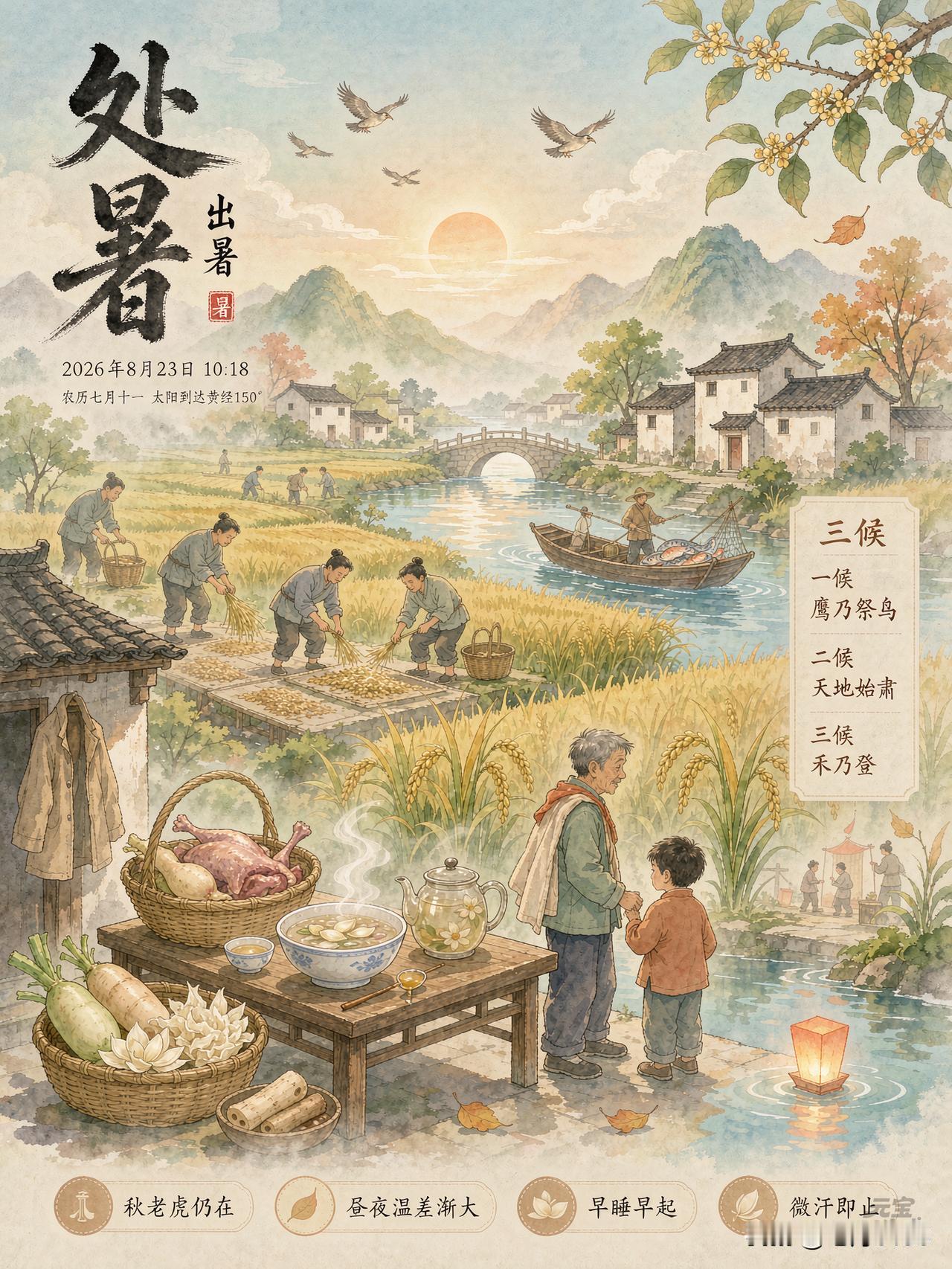 今日处暑（8月23日交节）即“出暑”，暑气至此而止，是夏秋转折节点。北方渐凉，南