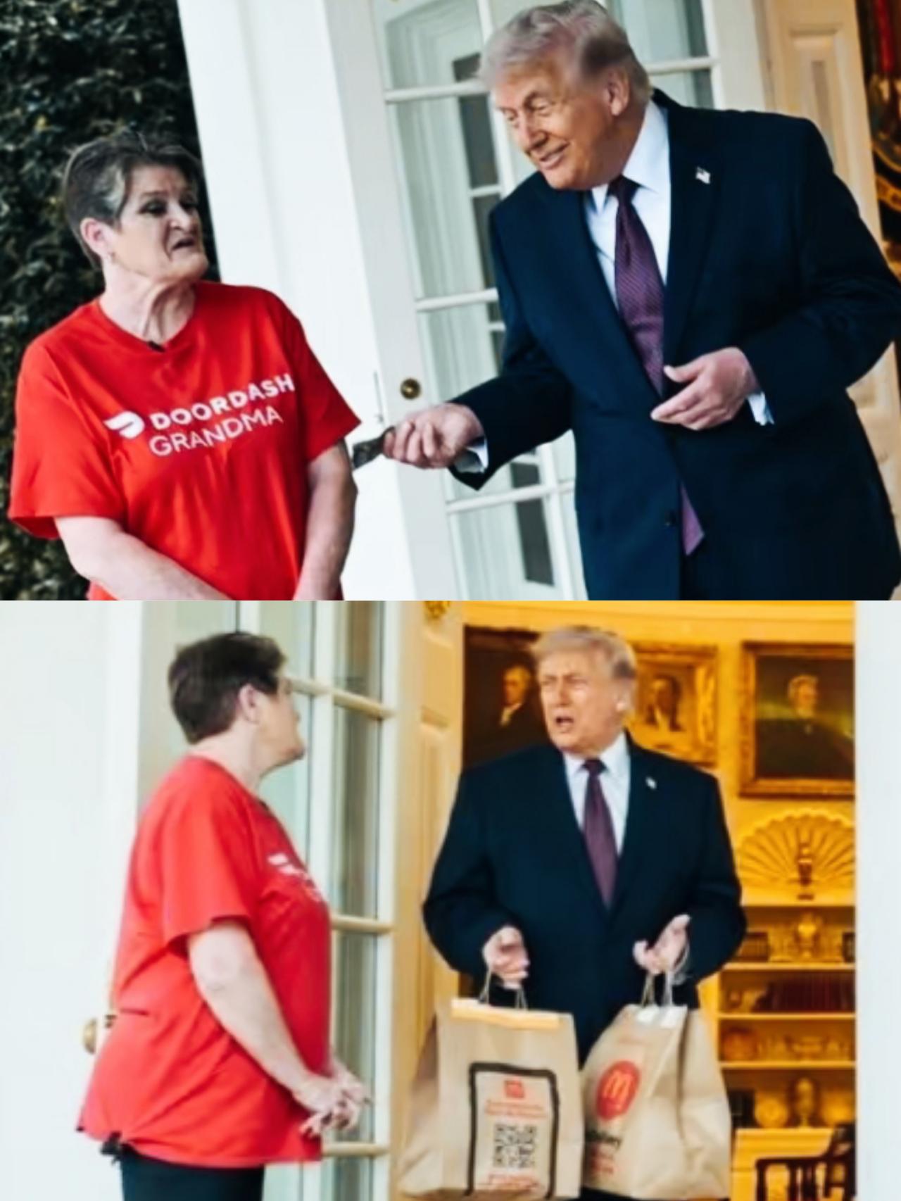 特朗普外卖点的什么呢？饭量这么大吗？
特朗普拿着钞能力在跟外卖员炫耀吗？
特朗普