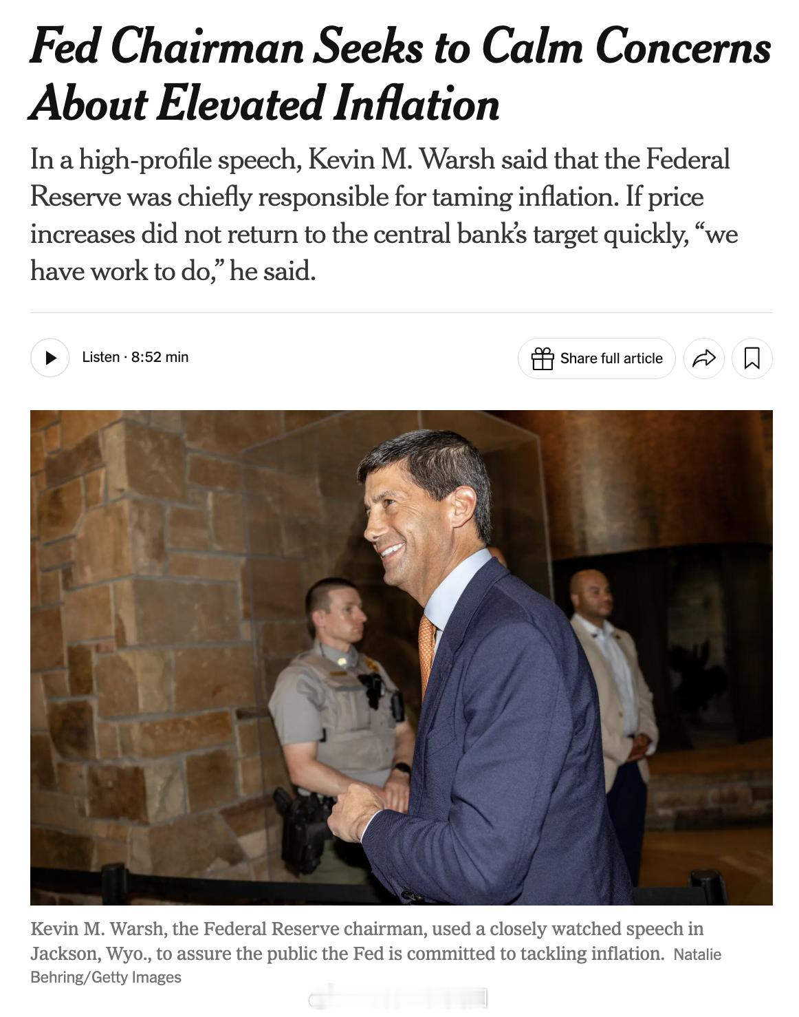 美联储主席Kevin Warsh在杰克逊霍尔全球央行年会上强调在美国通胀连续65