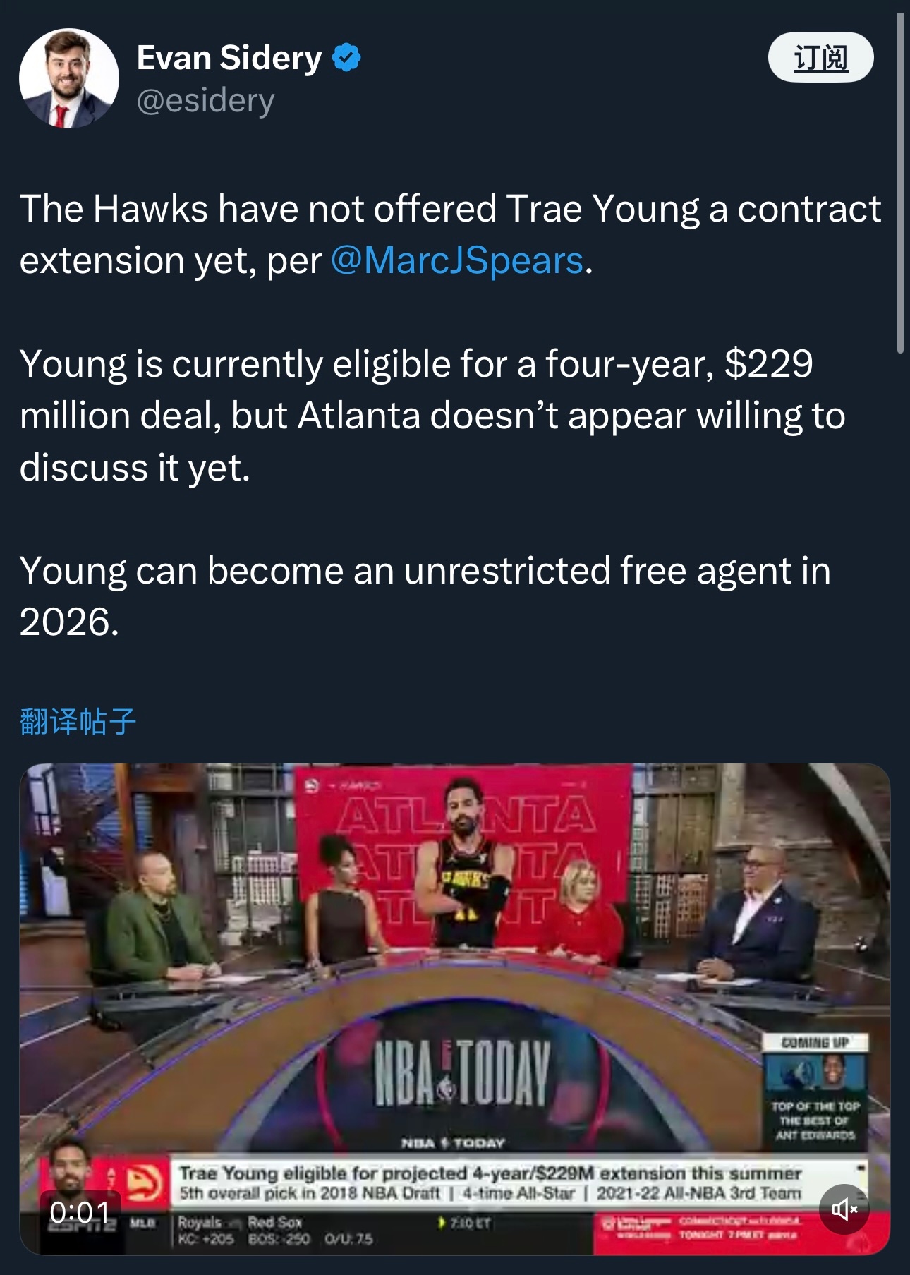 Marc Spears：老鹰队还没有为特雷杨送上顶薪续约合同。他已经有资格得到一