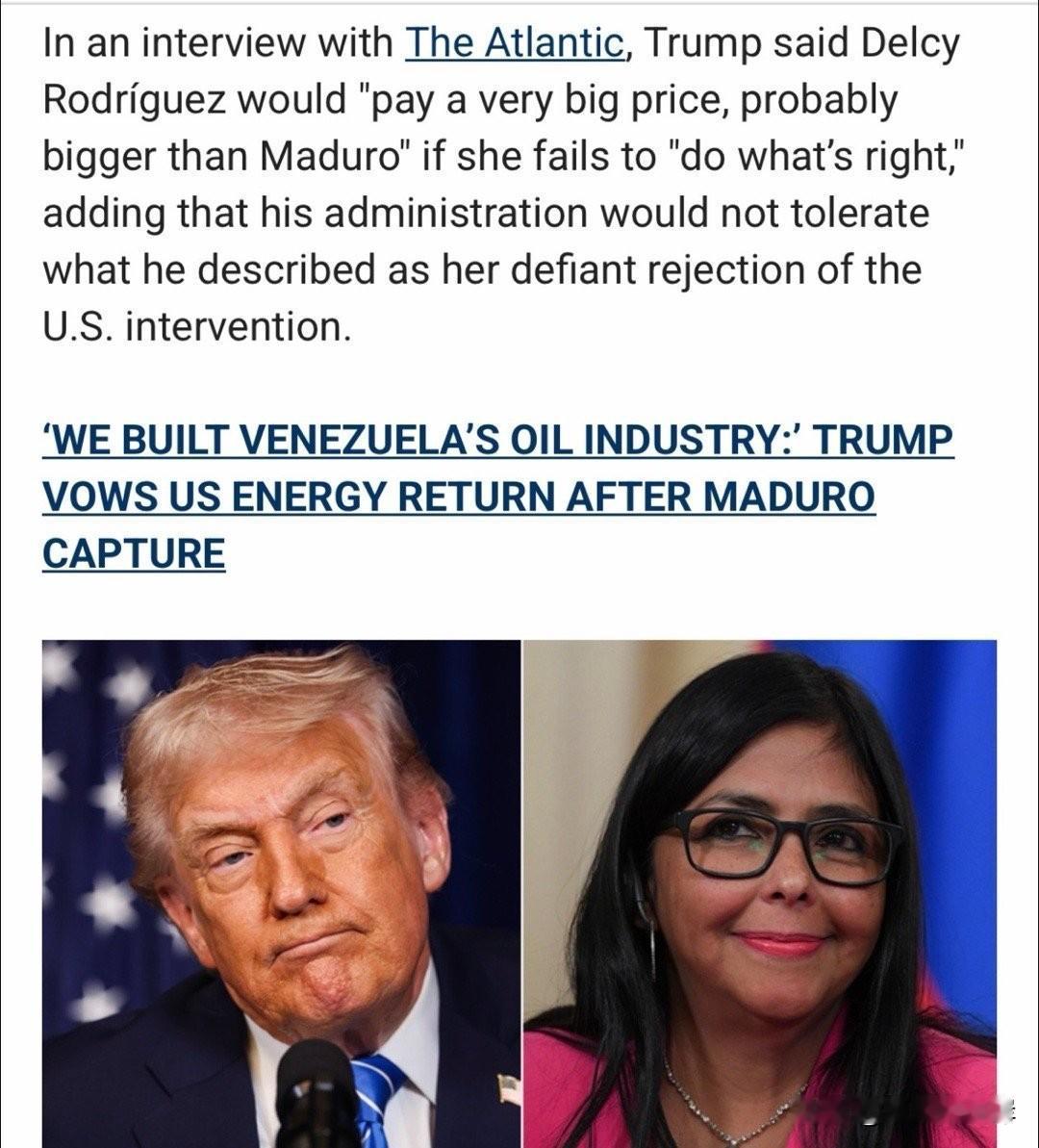 抓完委内瑞拉总统后，川普继续威胁代理总统。
在接受《大西洋月刊》采访时，川普表示